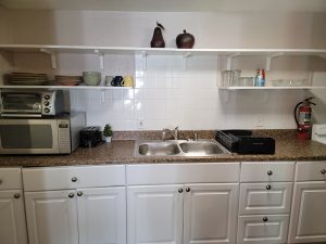 Kitchen with microwave and lots of shelving