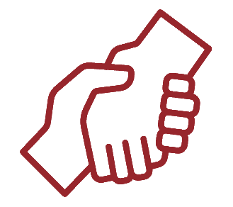 Hand grabbing hand to help icon in red
