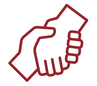 Hand grabbing hand to help icon in red