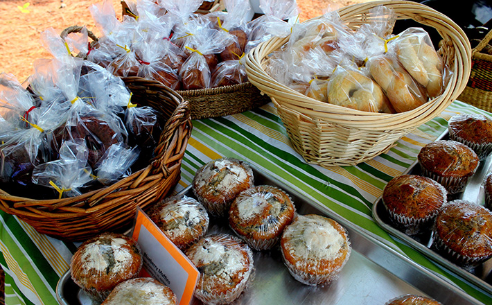 Baked goods wrapped on a table.